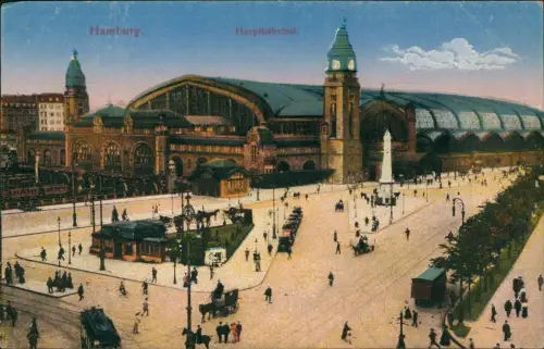 Ansichtskarte Hamburg Hauptbahnhof, belebt Straße 1915