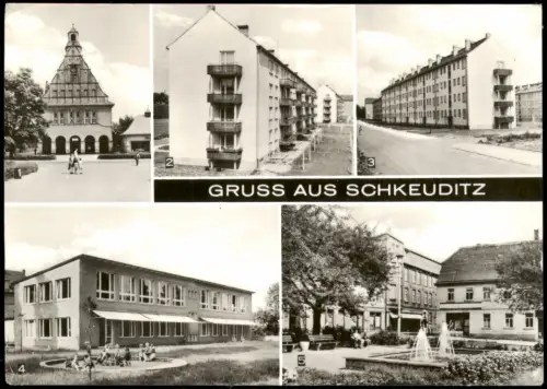 Schkeuditz DDR Mehrbild-AK mit Oststraße, Kinderkrippe, Marktplatz uvm. 1980