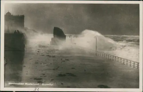 Ansichtskarte Westerland-Sylt Promenade bei Surmflut Stimmungsbild 1938