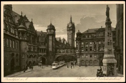 Frankfurt am Main Tram Straßenbahn am Rathaus und Einheitsdenkmal 1920