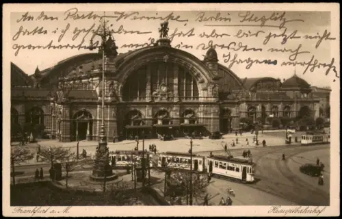 Ansichtskarte Frankfurt am Main Tram Straßenbahn am Hauptbahnhof 1920