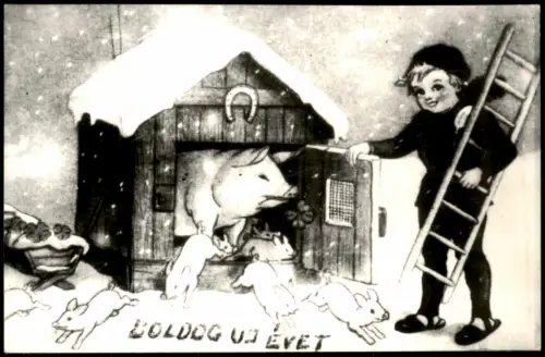 Neujahr Grusskarte aus Ungarn, Glücks-Schwein mit Schornsteinfeger 1960