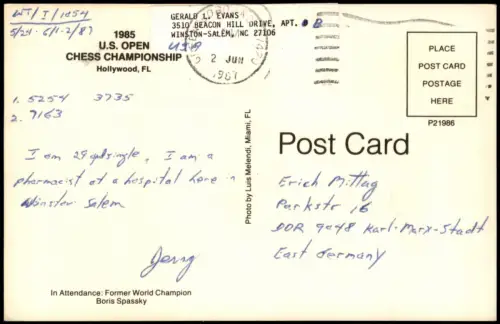 Hollywood FL Schach Motiv-Sonderkarte U.S. OPEN CHESS CHAMPIONSHIP Diplomat Hotel 1985