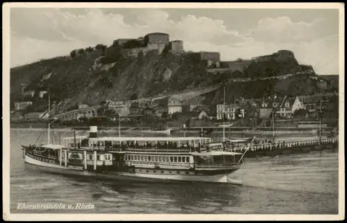 Koblenz Rhein Schiff Dampfer Anlegestelle u. Burg Ehrenbreitstein 1942
