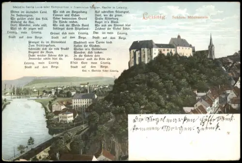 Leisnig Panorama-Ansicht mit Schloss Mildenstein u. Liedtext 1906