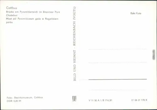 Ansichtskarte Branitz-Cottbus Branitzer Park: Brücke am Pyramidenteich 1979