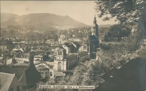 Ansichtskarte Baden-Baden Schlossterrasse. Fotokarte 1909  gel Bahnpoststempel