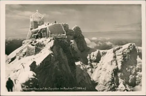 Ansichtskarte Grainau Münchner Haus Zugspitze im Rauhreif 1934