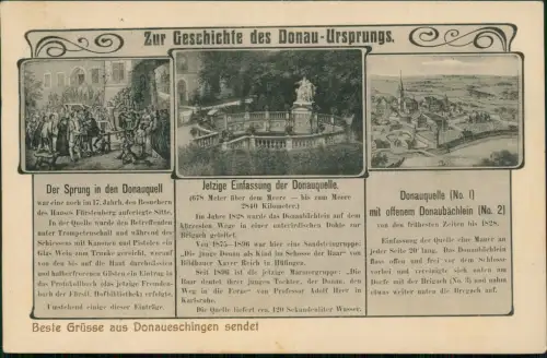 Ansichtskarte Donaueschingen 3 Bild Donauquelle Geschichte 1914