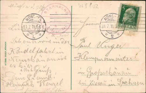 Ansichtskarte Starnberg Starnberger See Segelboot Dampfer 1911