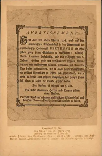 Ansichtskarte  Ludwig van Beethoven Conzertzettel aus Köln 1778 1918