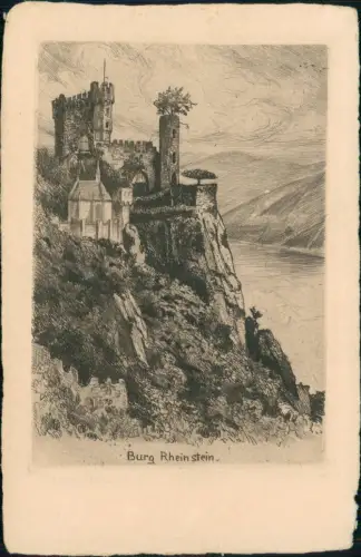 Bingen am Rhein Burg / Schloss Rheinstein Federzeichnung Künstlerkarte 1922