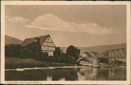 Ansichtskarte Gieselwerder-Wesertal Stadtpartie Fachwerkhaus Brücke 1928