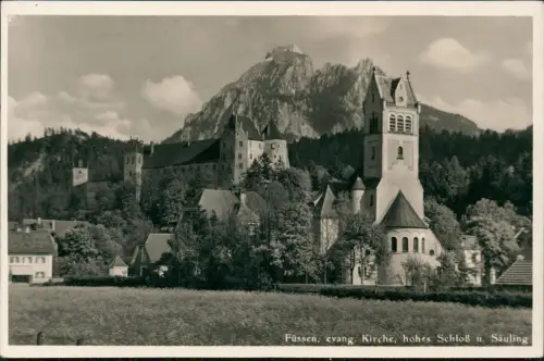 Ansichtskarte Füssen evang. Kirche, hohes Schloß u. Säuling 1930