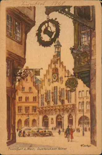 Ansichtskarte Frankfurt am Main Durchblick zum Römer - Künstlerkarte 1953