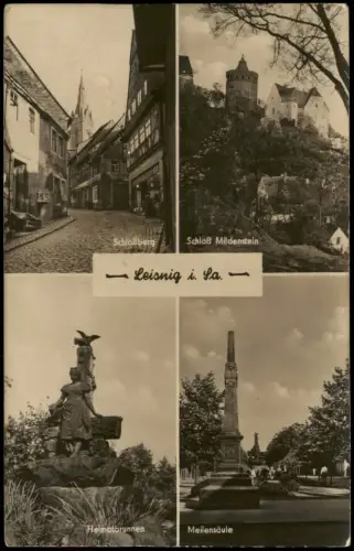 Leisnig DDR Mehrbild-AK mit Heimatbrunnen Meilensäule Schloß Mildenstein 1958