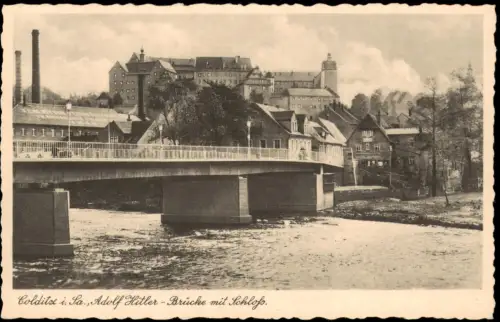Ansichtskarte Colditz Adolf Hitler-Brücke Mulde mit Schloss 1940