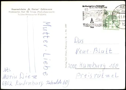 Ansichtskarte Hinterzarten Feuerwehrheim St. Florian Caféterrasse 1982