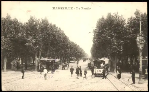 Marseille Le Prado, Straßen-Ansicht mit Tram, Verkehr, Leuten 1922