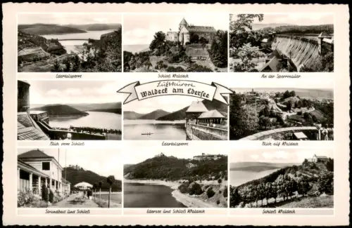 Waldeck Edersee Mehrbild-AK mit Edertalsperre Strandbad und Schloß uvm. 1950