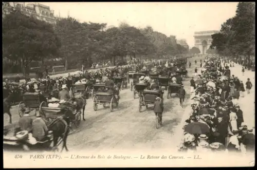 Paris Avenue du Bois de Boulogne Verkehr mit Pferde Kutschen 1905