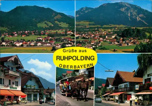 Ansichtskarte Ruhpolding Mehrbild: Straße, Restaurant, Fuhrwerk 1975
