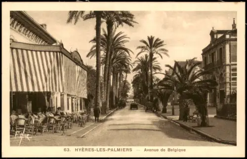 CPA Hyères-les-Palmiers Avenue de Belgique mit Straßen-Café 1920