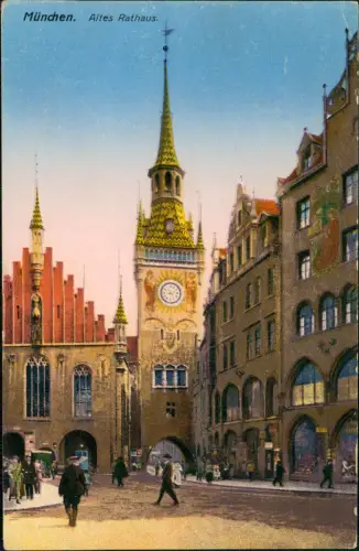 Ansichtskarte München Altes Rathaus Straßenszene Künstlerkarte 1913