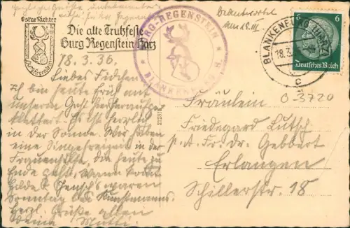 Ansichtskarte Blankenburg (Harz) Burgruine Regenstein 1936
