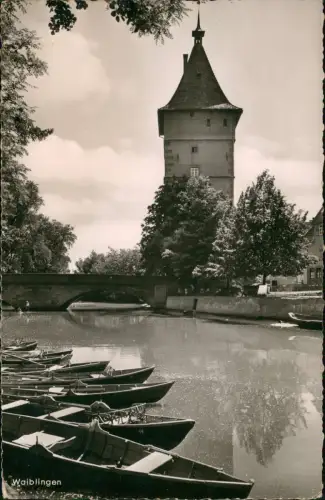 Ansichtskarte Waiblingen Turm Flußpartie Bootsanleger 1968