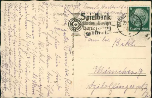 Ansichtskarte Baden-Baden 4 Bild Stadt Kurhaus Spielsaal 1937