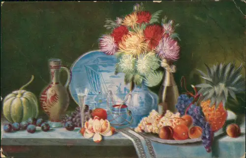 Ansichtskarte  Künstlerkarte Stillleben Früchte Kürbis 1915  gel. Feldpost
