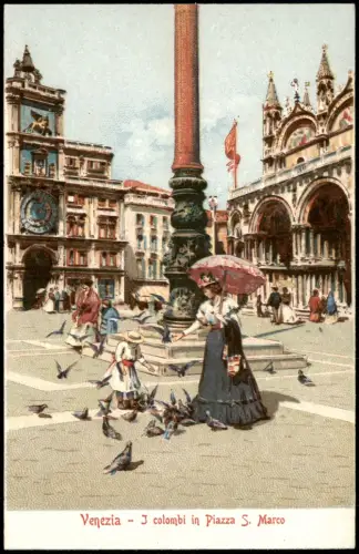 Venedig Venezia I colombi in Piazza S. Marco Frau und Mädchen Künstlerkarte 1912