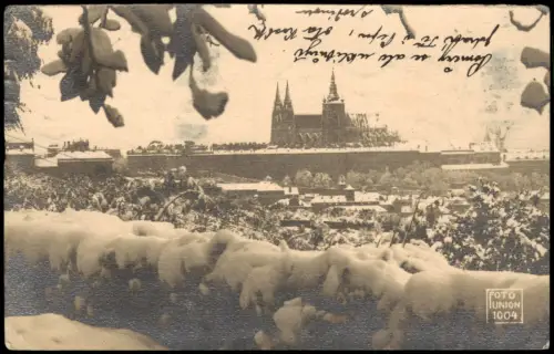 Prag Praha Panorama-Ansicht Blick zur Burg Stimmungsbild Winter Schnee 1920
