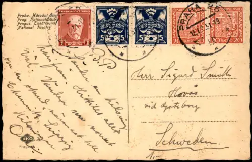 Postcard Prag Praha Národní divadlo Nationaltheater 1931   mit schöner Bunt-/Misch-Frankatur