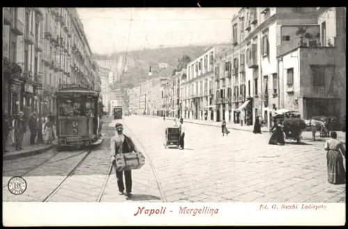 Neapel Napoli Stadt-Ansicht Tram Straßenbahn Partie Mergellina 1905