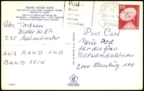 Postcard Montreal GRAND MOTOR HOTEL Cote de Liesse Road 1979/1960