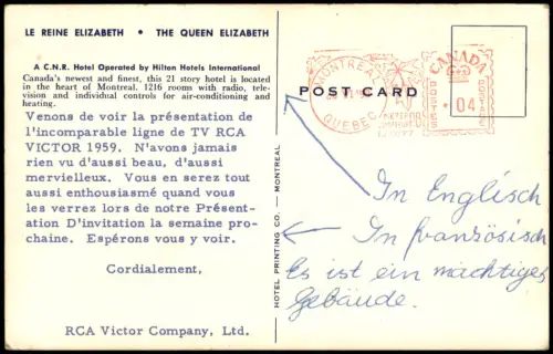 Postcard Montreal A C.N.R. Hotel Operated by Hilton 1959