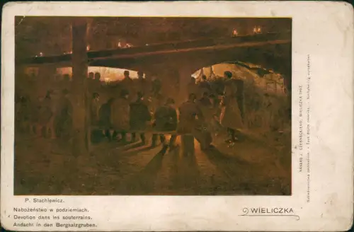 Künstlerkarte P. Stachiewicz Andacht in den Bergsalzgruben 1910