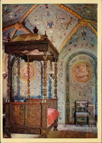 Postcard Moskau Москва́ Kreml Teremny Saal und Bett 1957