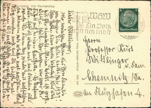 Ansichtskarte Nürnberg Henkersteg im Winter Neujahrskarte 1938