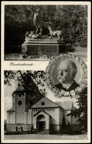 Friedrichsruh 2-Bild-AK Hirschgruppe und Bismarck Gruftkapelle 1930