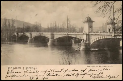 Postcard Prag Praha Pozdrav 3 Prahy Nový most cís. Františka 1901