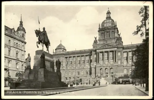 Postcard Prag Praha Denkmal Pomník sv. Václava a museum 1935