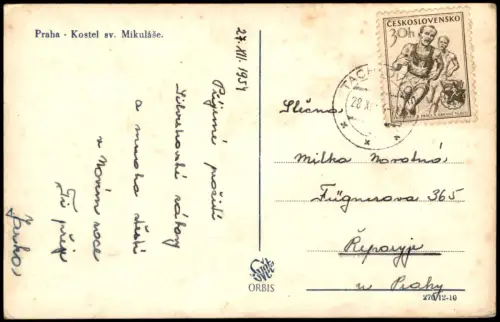 Postcard Prag Praha Kirchen Gebäude Kostel sv. Mikuláše 1954