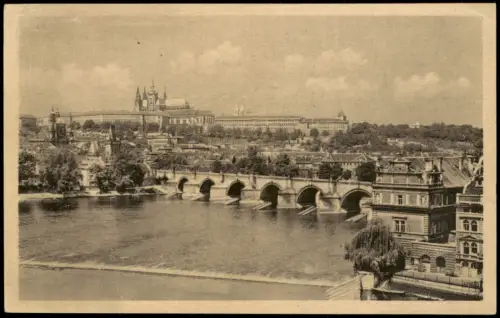 Postcard Prag Praha Stadt-Panorama, Burg, Karlův most a Hradčany. 1951