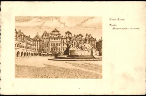 Prag Praha Künstlerkarte Konst Bušek Staroměstské náměstí 1947