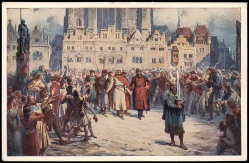 Prag Praha Ortsansicht, Mittelalter-Ansicht mit Schwert-Kämpfern 1910