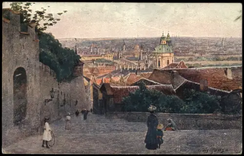 Postcard Prag Praha Panorama-Ansicht von den alten Treppen der Burg 1924