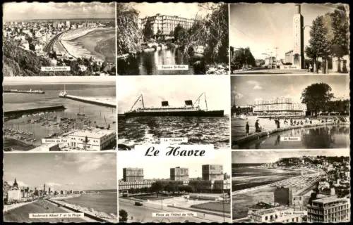 Le Havre Souvenir Mehrbild-AK u.a. mit La Gare Bahnhof, Schiff Liberté uvm. 1950